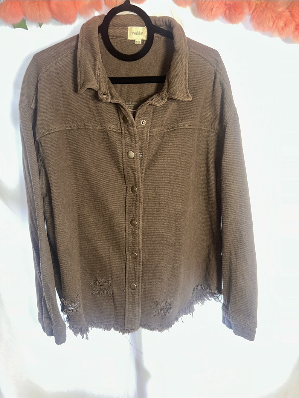 Wishlist Brown Distressed-Hem Jean Jacket with handmade design on back